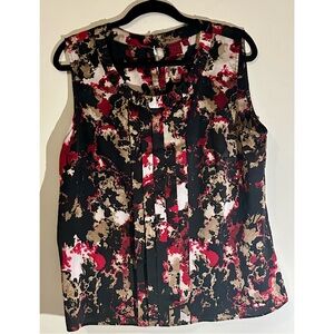 212 Collection Sleeveless Abstract Print Blouse Black Red Tan Pleated Front